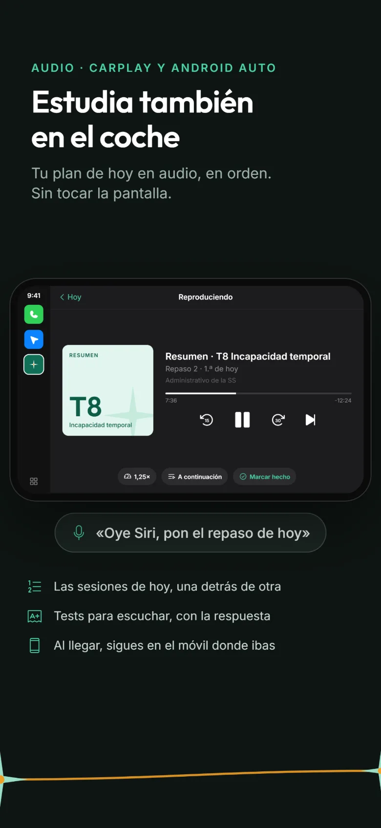 Cinosura en la pantalla del coche con CarPlay: el resumen del tema 8 sonando como repaso de hoy, con avanzar, retroceder y marcar hecho