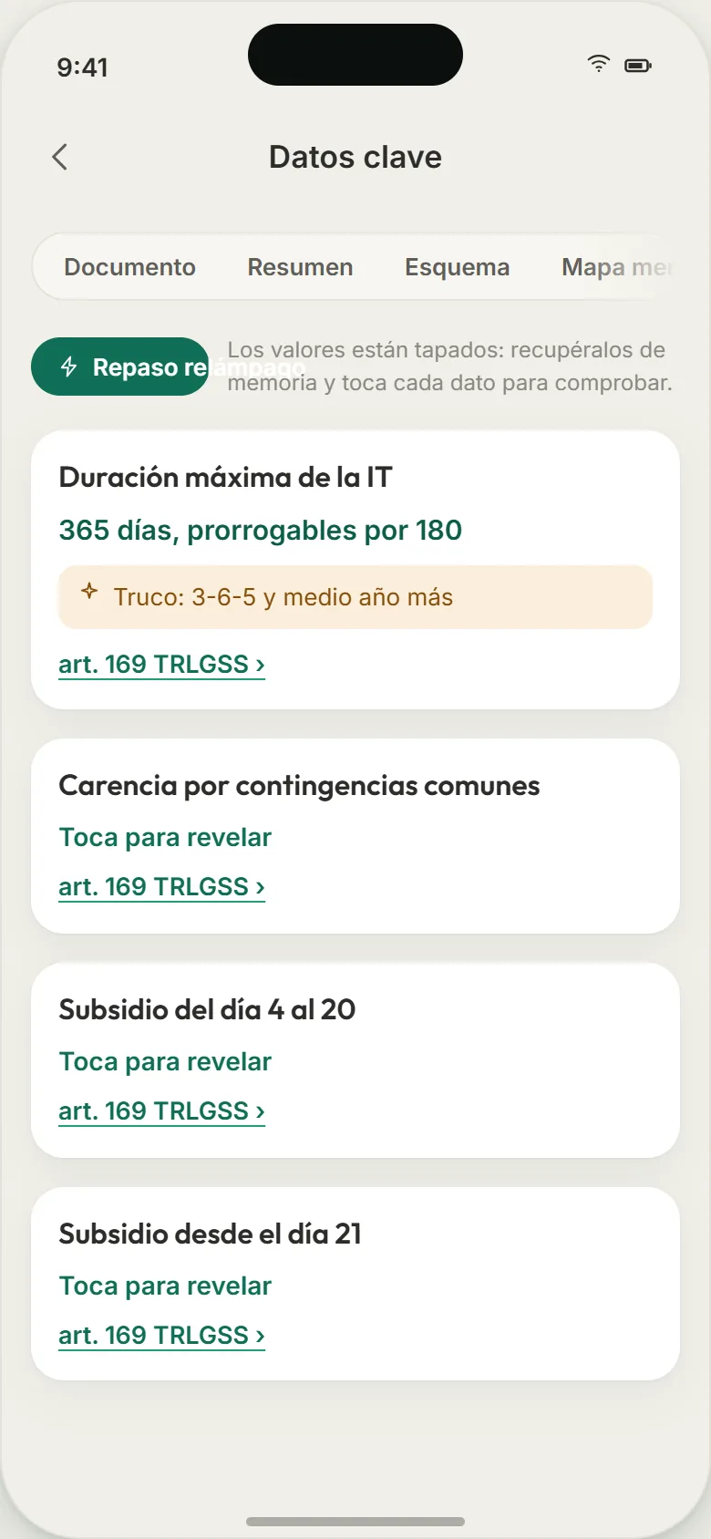 Repaso relámpago de los datos clave de un tema en Cinosura: plazos, cifras y porcentajes uno a uno