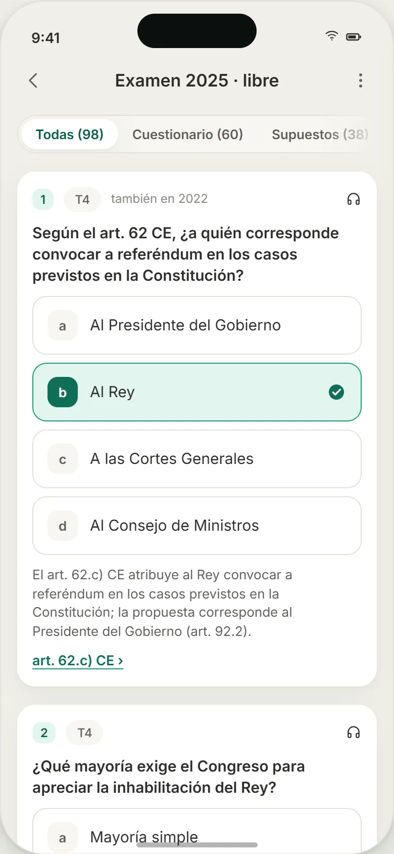 Preguntas y respuestas de un examen oficial en Cinosura en el móvil