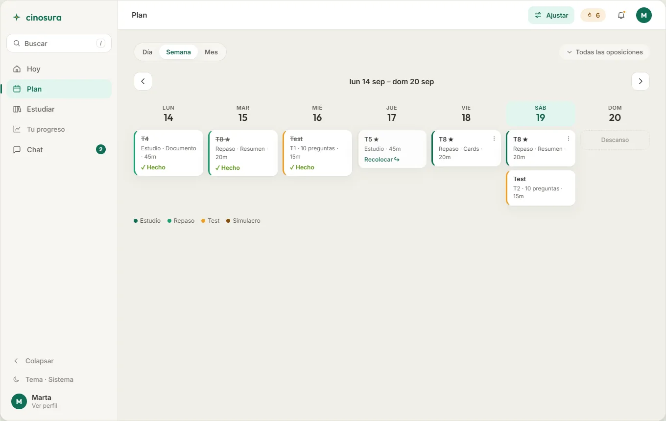 Plan semanal de estudio en la app Cinosura