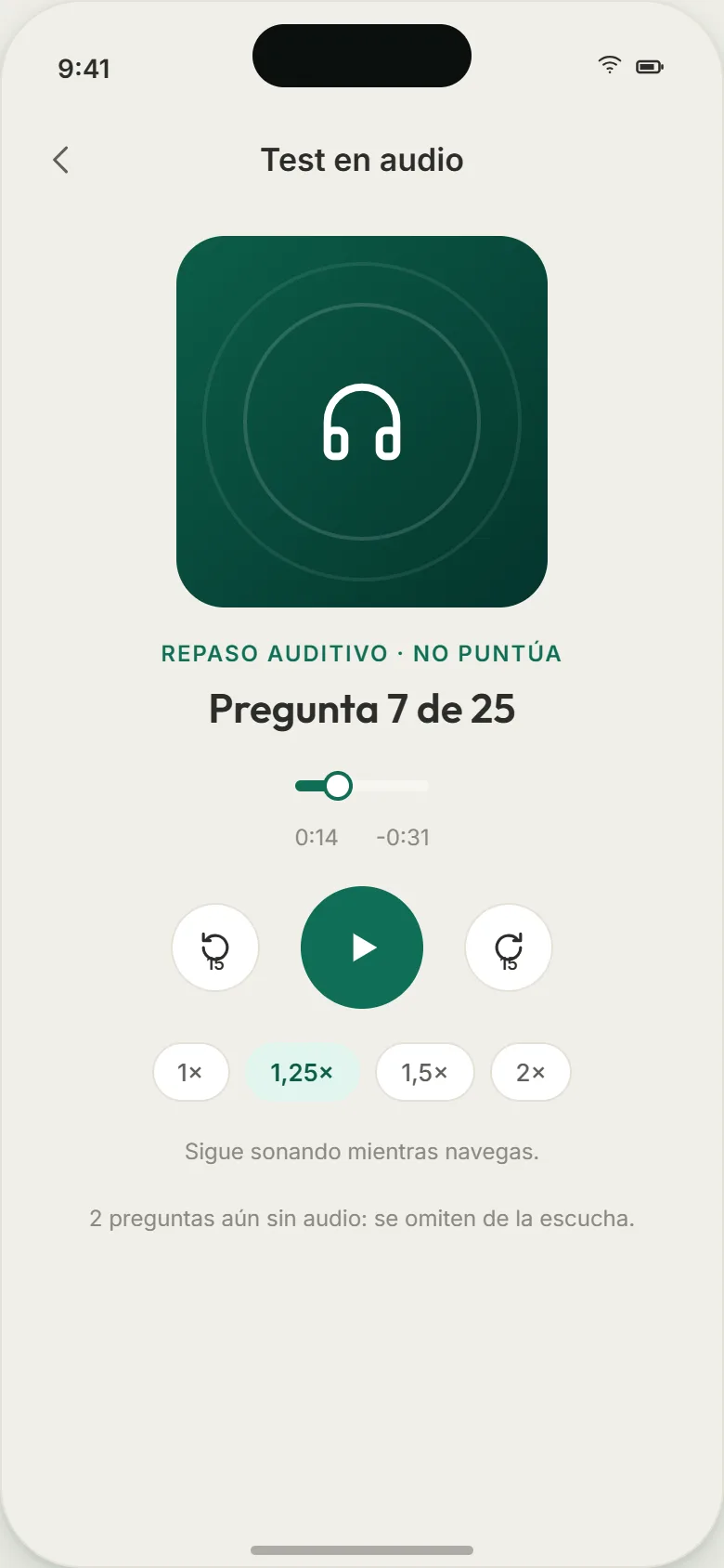 Repaso auditivo en Cinosura: las preguntas de test leídas en voz alta con su respuesta